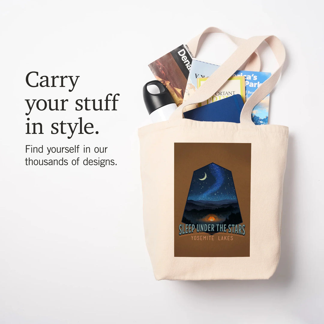 Yosemite National Park, California, Yosemite Lakes, Sleep Under the Stars, Tent and Night Sky, Tote Bag