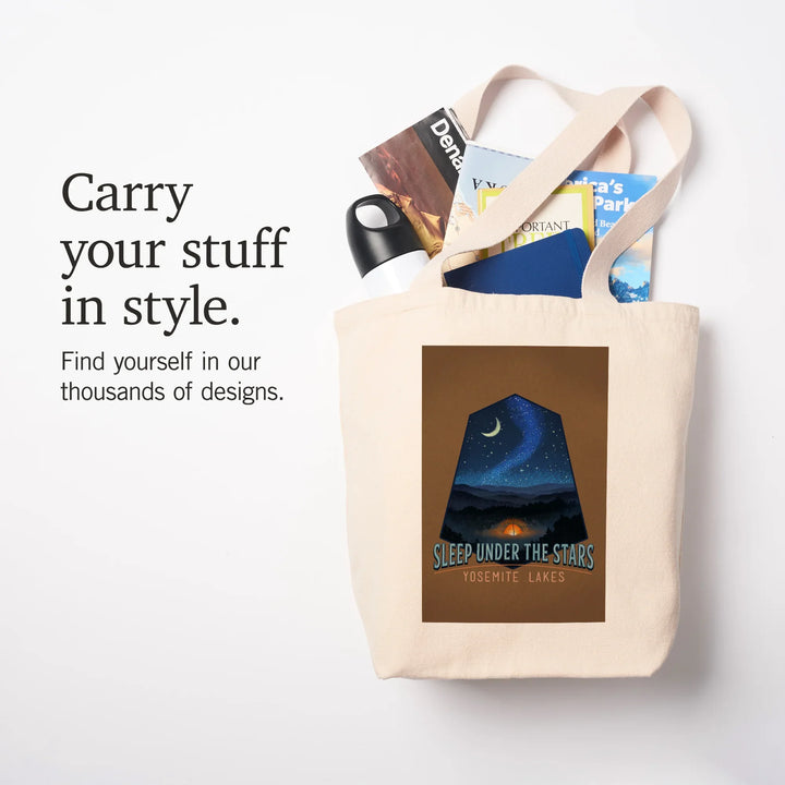 Yosemite National Park, California, Yosemite Lakes, Sleep Under the Stars, Tent and Night Sky, Tote Bag