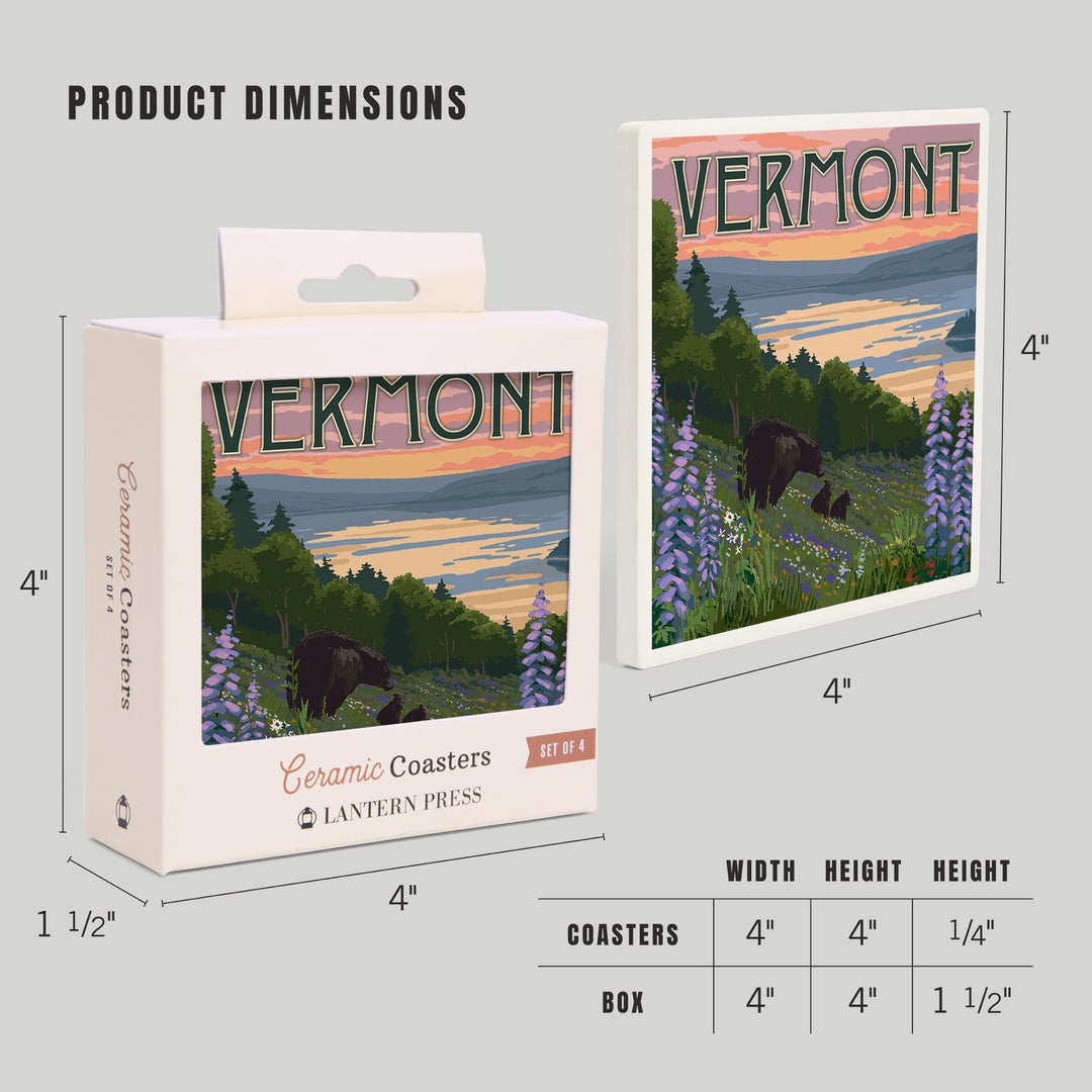 Vermont, Lake & Bear Family, Lantern Press Artwork, Coaster Set