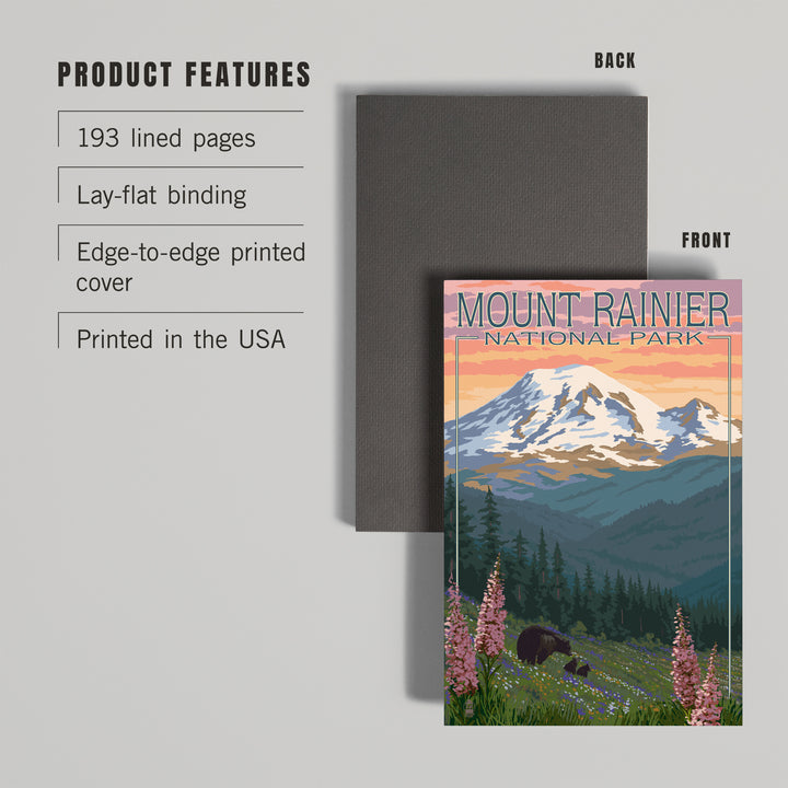 Lined 6x9 Journal, Mount Rainier National Park, Washington, Bear and Spring Flowers, Lay Flat, 193 Pages, FSC paper