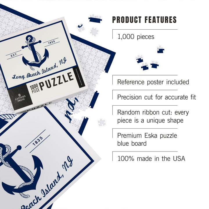 Long Beach Island, New Jersey, Blue and White Anchor, 1000 Piece Jigsaw Puzzle