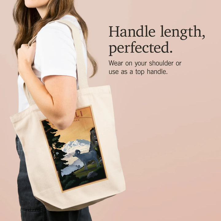 Denali National Park, Alaska, Dall Sheep and Mountain, Lithograph National Park Series, Tote Bag