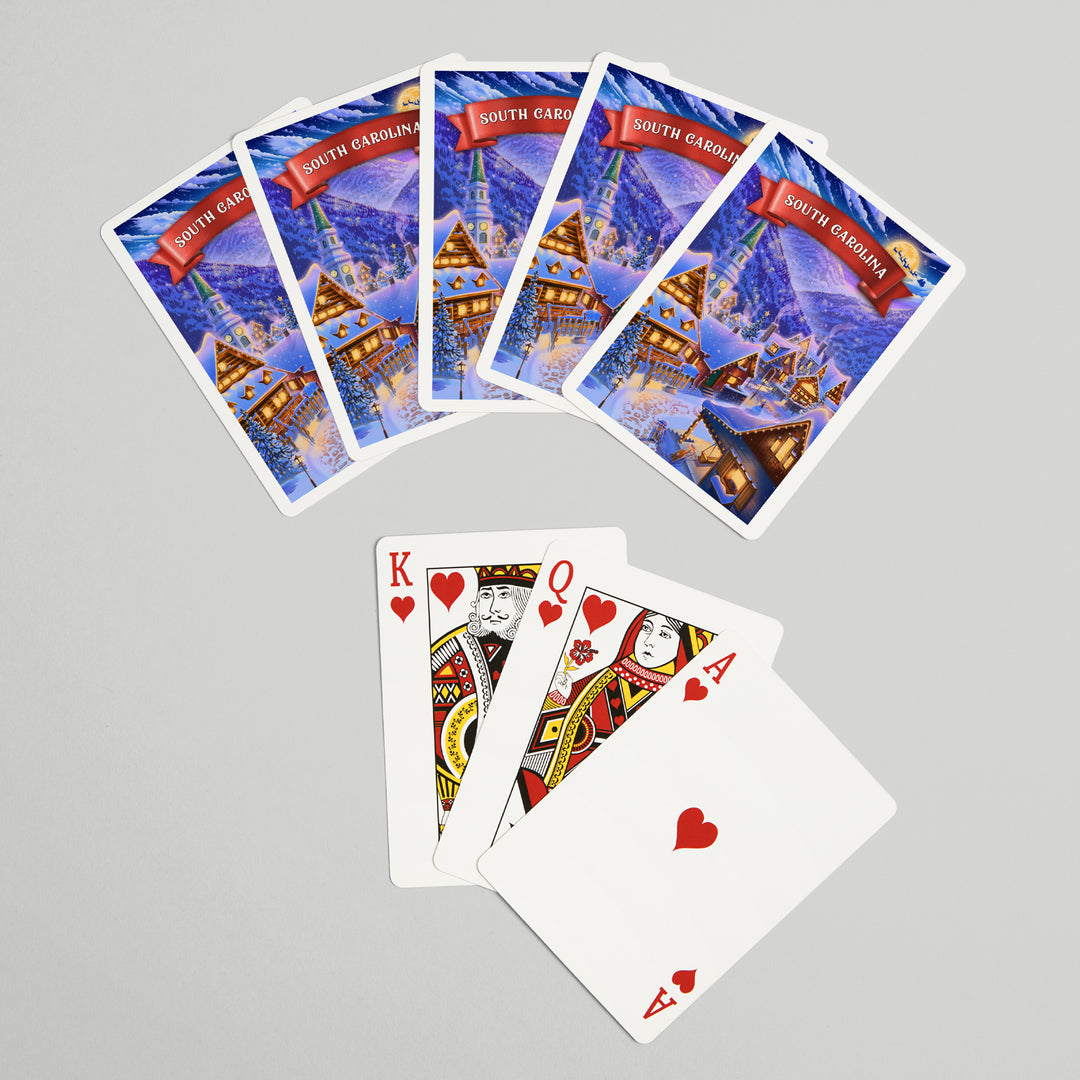 Playing Cards, South Carolina, Sleepy Winter Village, 52 Card Deck with Jokers in Box, Unique Art