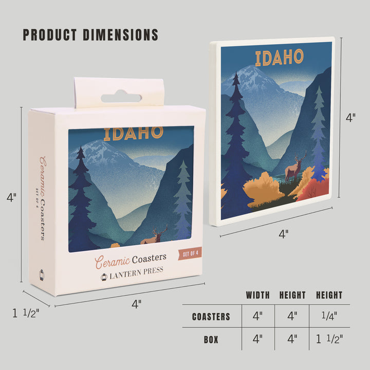 Idaho, Lithograph, Elk and Mountains Scene ceramic coaster set