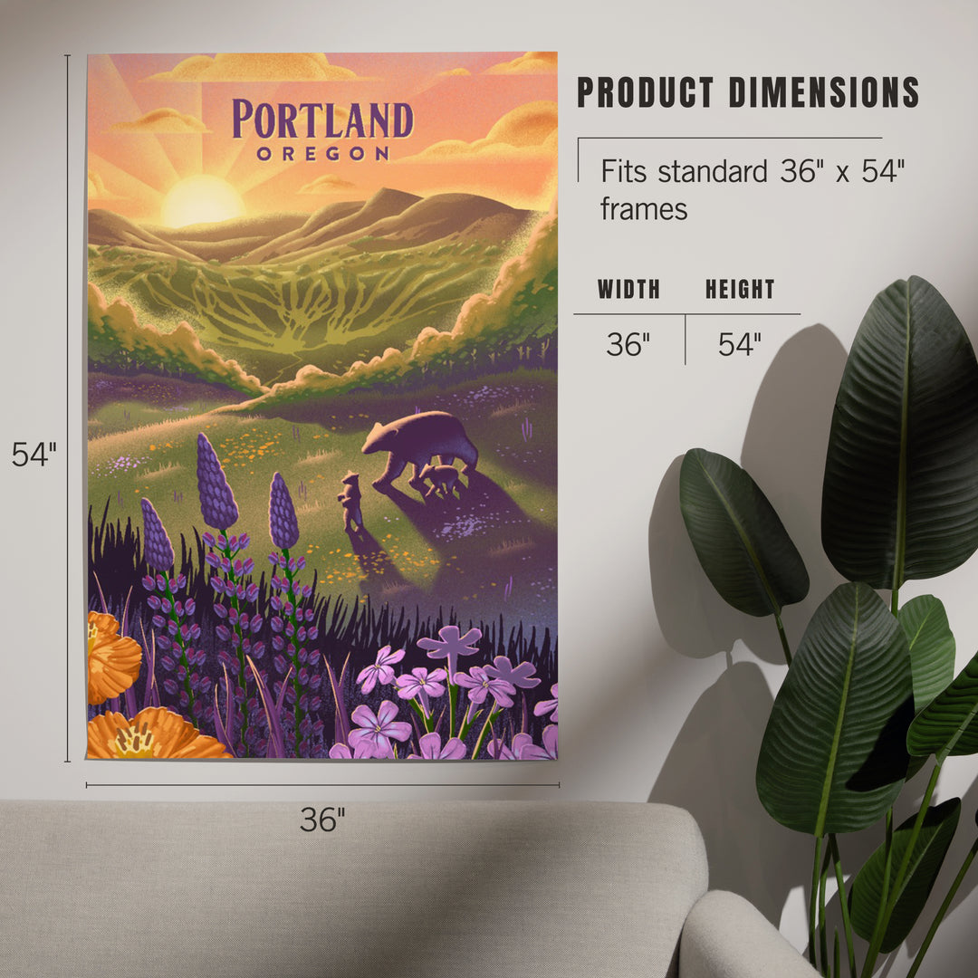 Portland, Oregon, Bear and Spring Flowers, Lithograph, Art & Giclee Prints