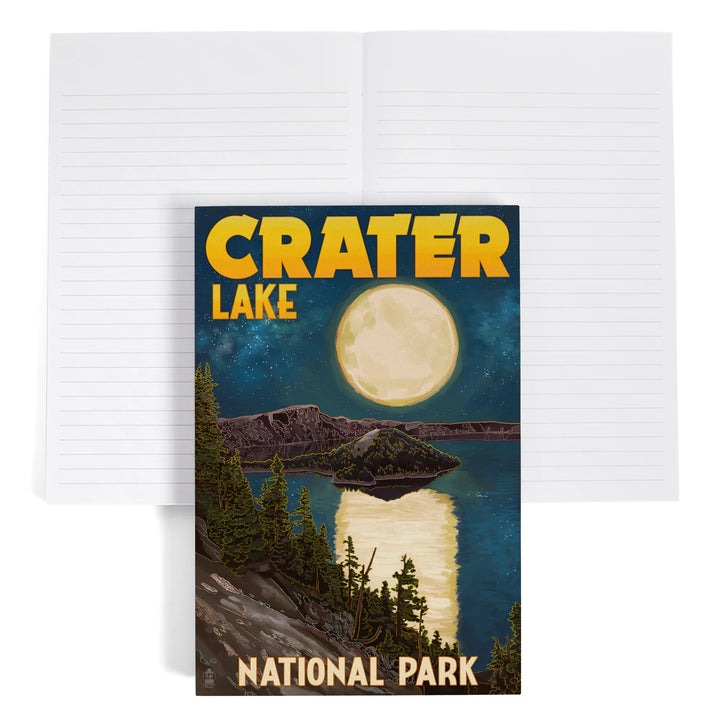Lined 6x9 Journal, Crater Lake National Park, Oregon, Lake and Full Moon, Lay Flat, 193 Pages, FSC paper