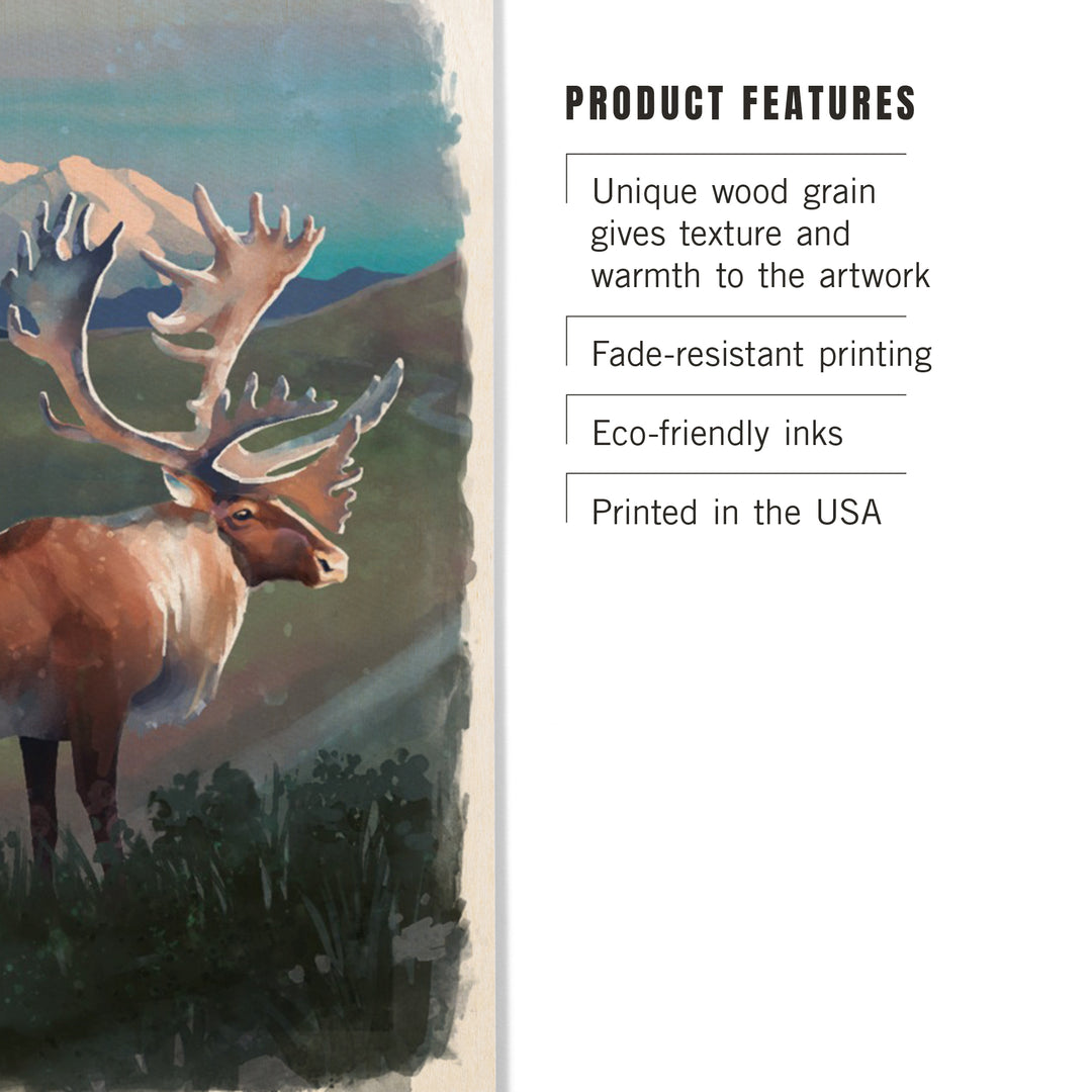 Watercolor Study, Caribou with Mountain, Wood Signs and Postcards
