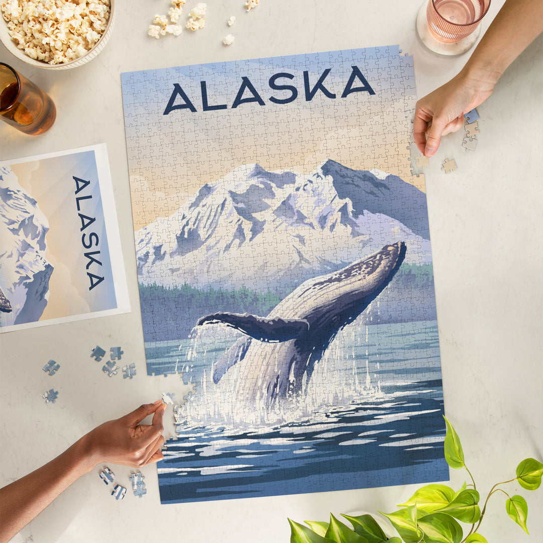 Alaska, Lithograph, Breaching Humpback Whale, Jigsaw Puzzle