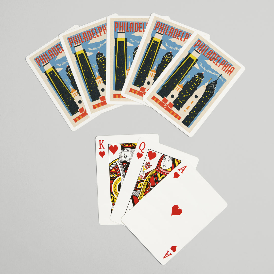 Playing Cards, Philadelphia, Pennsylvania, Woodblock City Series, Skyline, 52 Card Deck with Jokers in Box, Unique Art