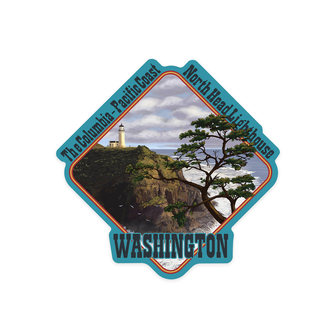North Head Lighthouse, Washington, The Columbia, Pacific Coast, Contour, Lantern Press Artwork, Vinyl Sticker