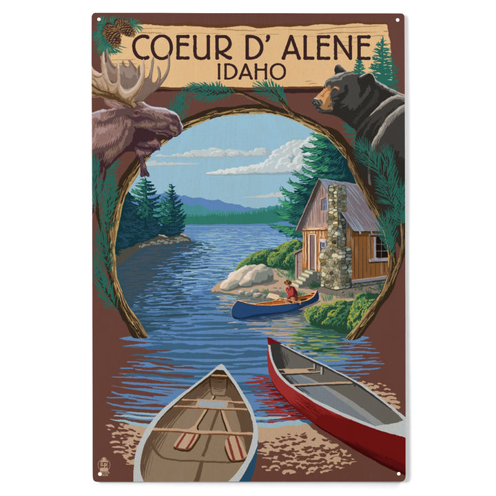 Coeur d'Alene, Idaho, Cabin on the Lake, Montage, Wood Sign and Postcards