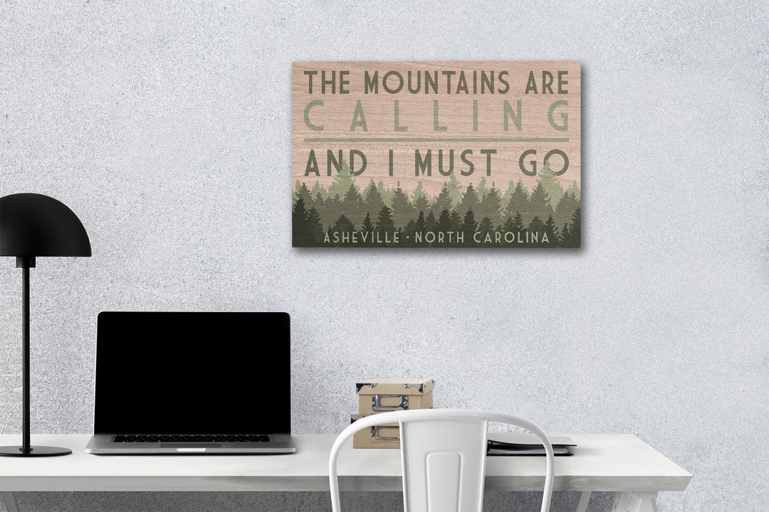 Asheville, North Carolina, The Mountains Are Calling, Pine Trees, Lantern Press Artwork, Wood Signs and Postcards