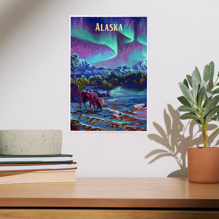 Alaska, Oil Painting, Northern Lights Lake, Art & Giclee Prints