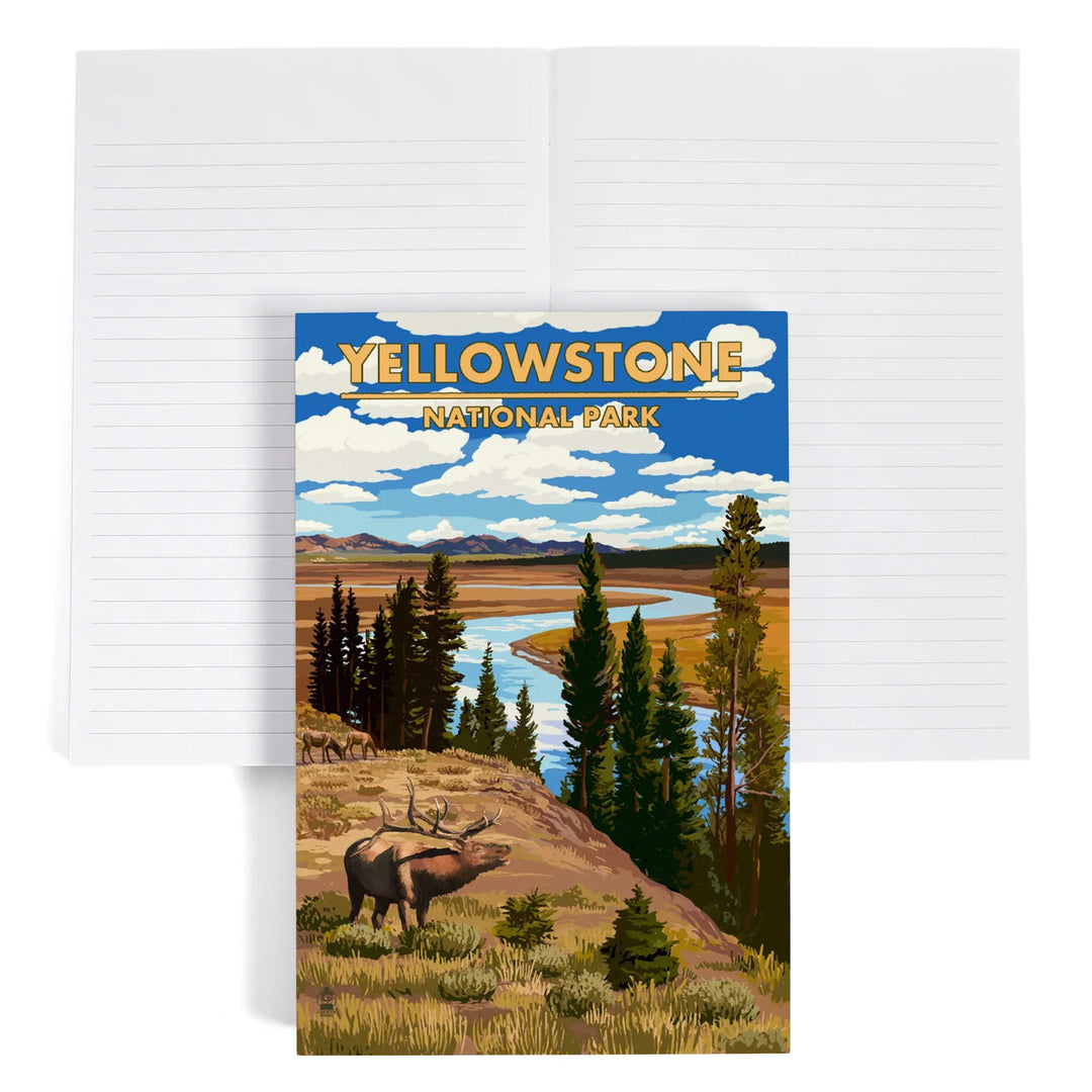 Lined 6x9 Journal, Yellowstone National Park, Montana, Yellowstone River and Elk, Lay Flat, 193 Pages, FSC paper