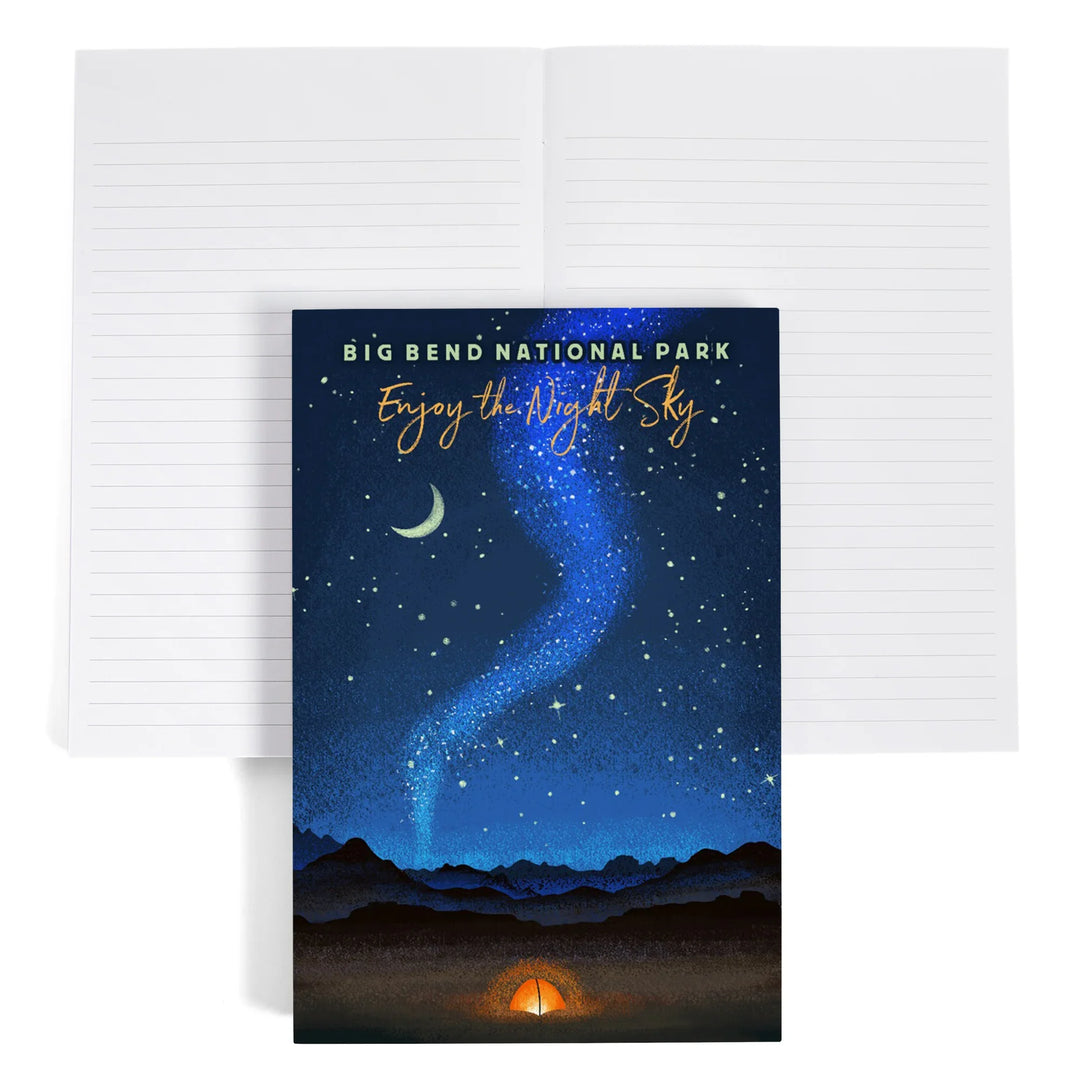 Lined 6x9 Journal, Big Bend National Park, Texas, Camping Scene, Tent and Night, Mid-Century Style, Lay Flat, 193 Pages, FSC paper