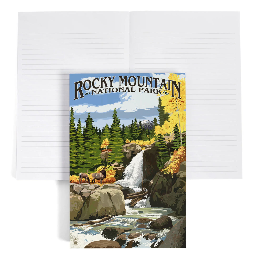 Lined 6x9 Journal, Rocky Mountain National Park, Colorado, Elk and Waterfall, Lay Flat, 193 Pages, FSC paper