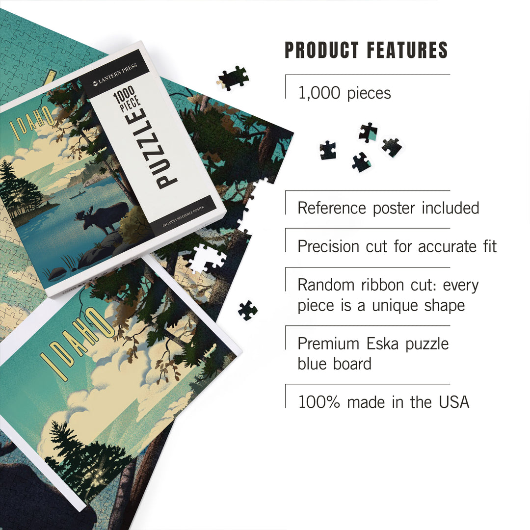 Idaho, Moose and Lake Lithograph, 1000 Piece Jigsaw Puzzle