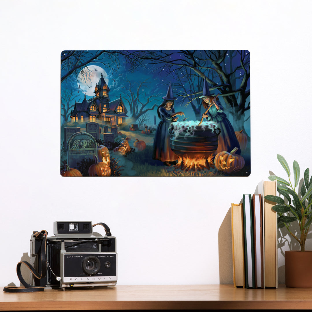 Oil Painting, Cemetery Witch's Brew, 12x18 Metal Sign