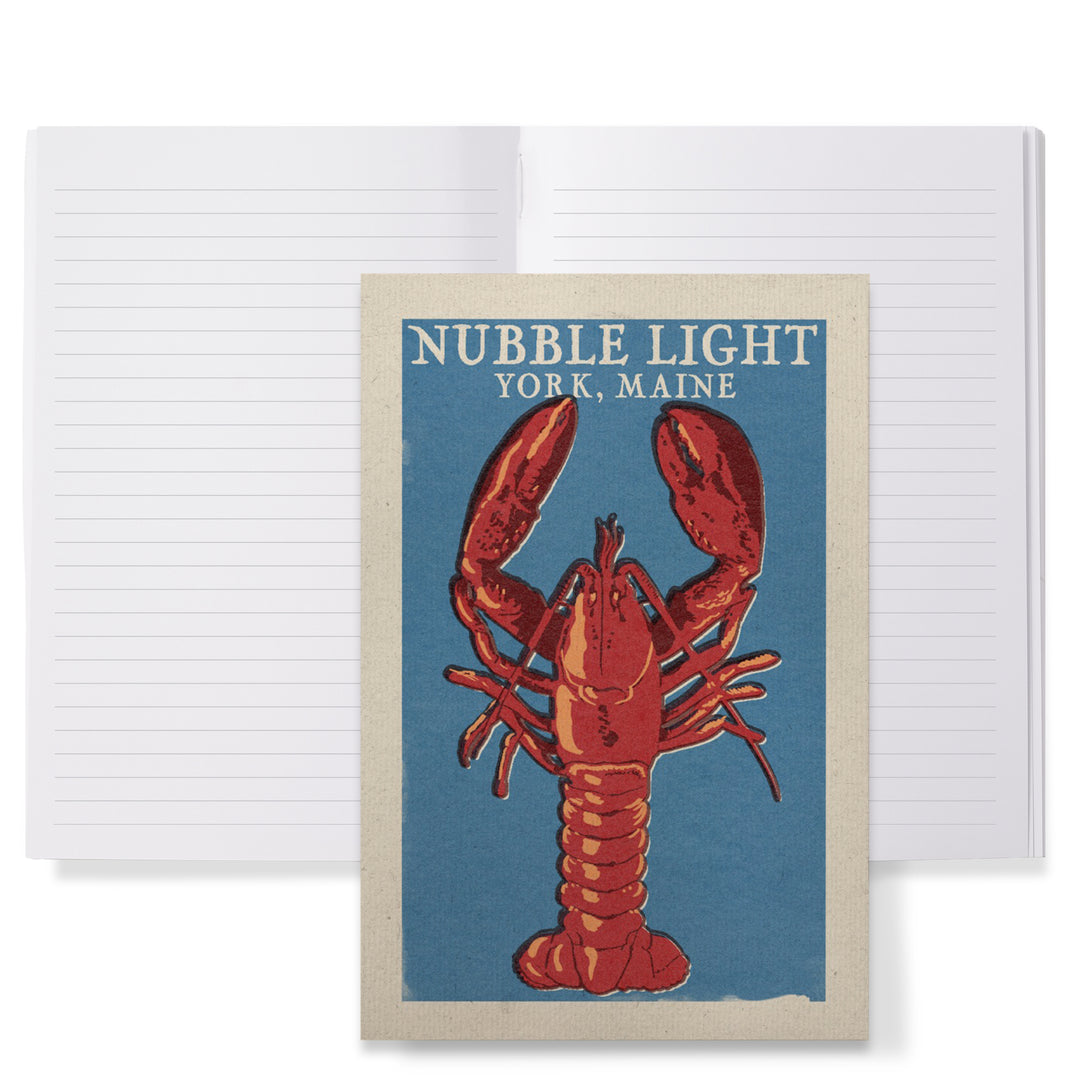 Lined 6x9 Journal, York, Maine, Nubble Light, Lobster Woodblock, Lay Flat, 193 Pages, FSC paper