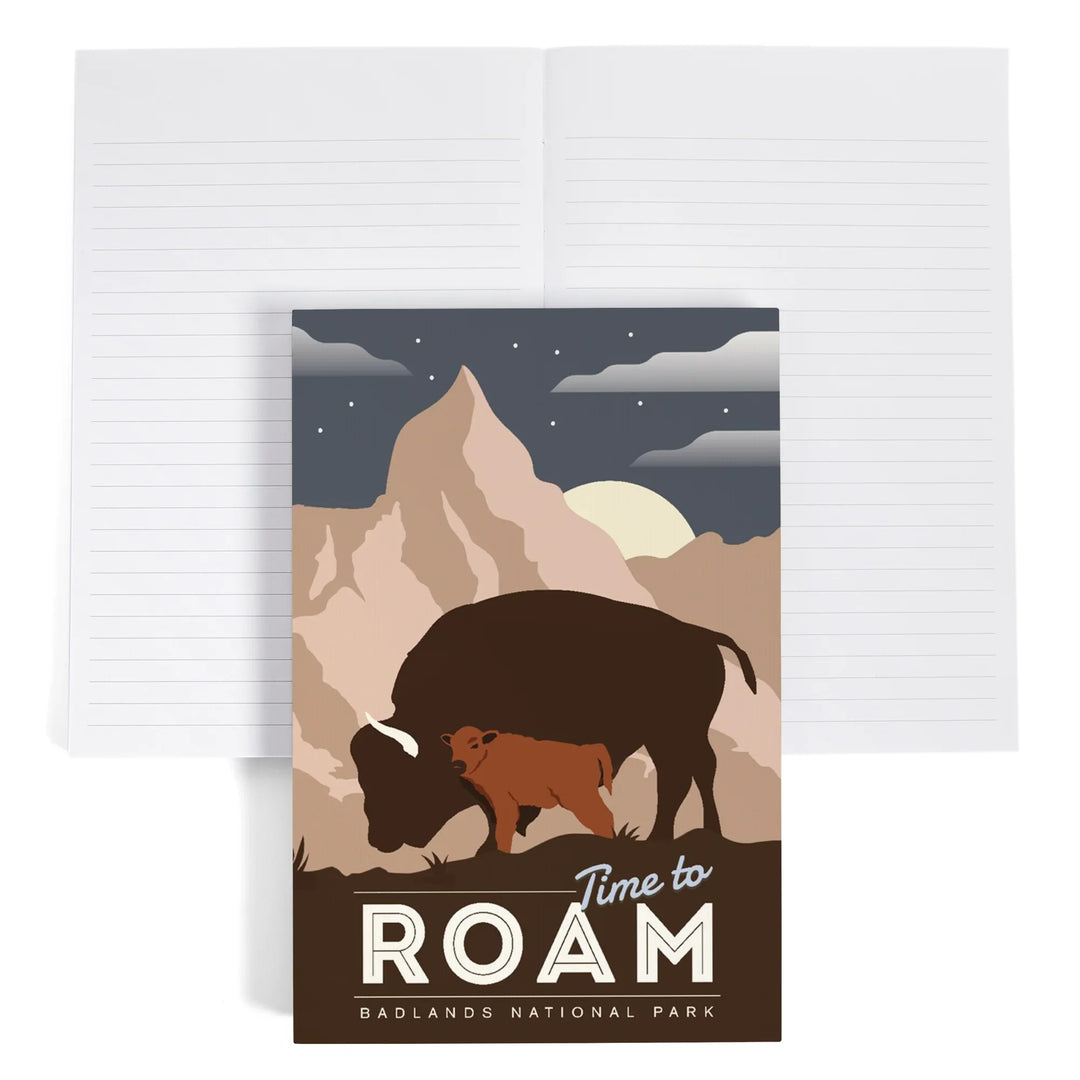 Lined 6x9 Journal, Badlands National Park, South Dakota, Time To Roam, Bison and Calf, Night Scene, Lay Flat, 193 Pages, FSC paper
