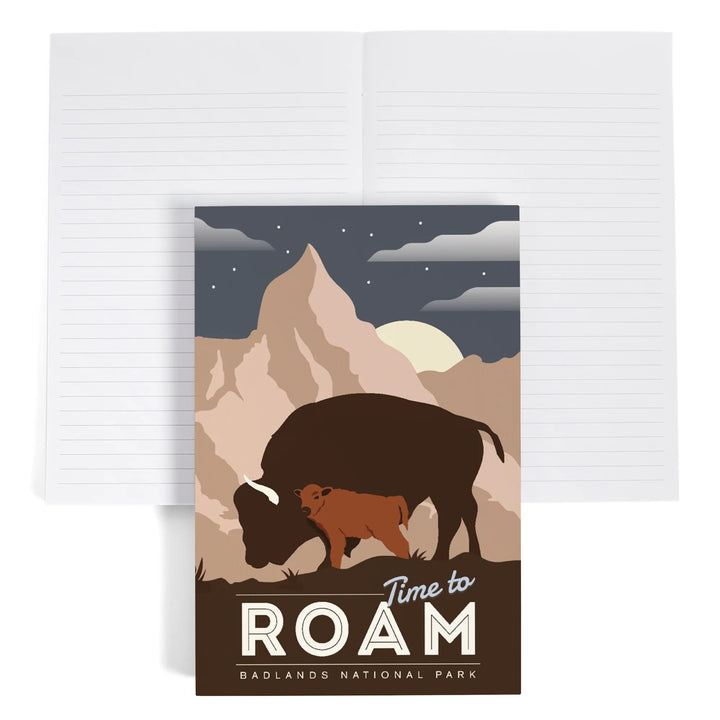 Lined 6x9 Journal, Badlands National Park, South Dakota, Time To Roam, Bison and Calf, Night Scene, Lay Flat, 193 Pages, FSC paper