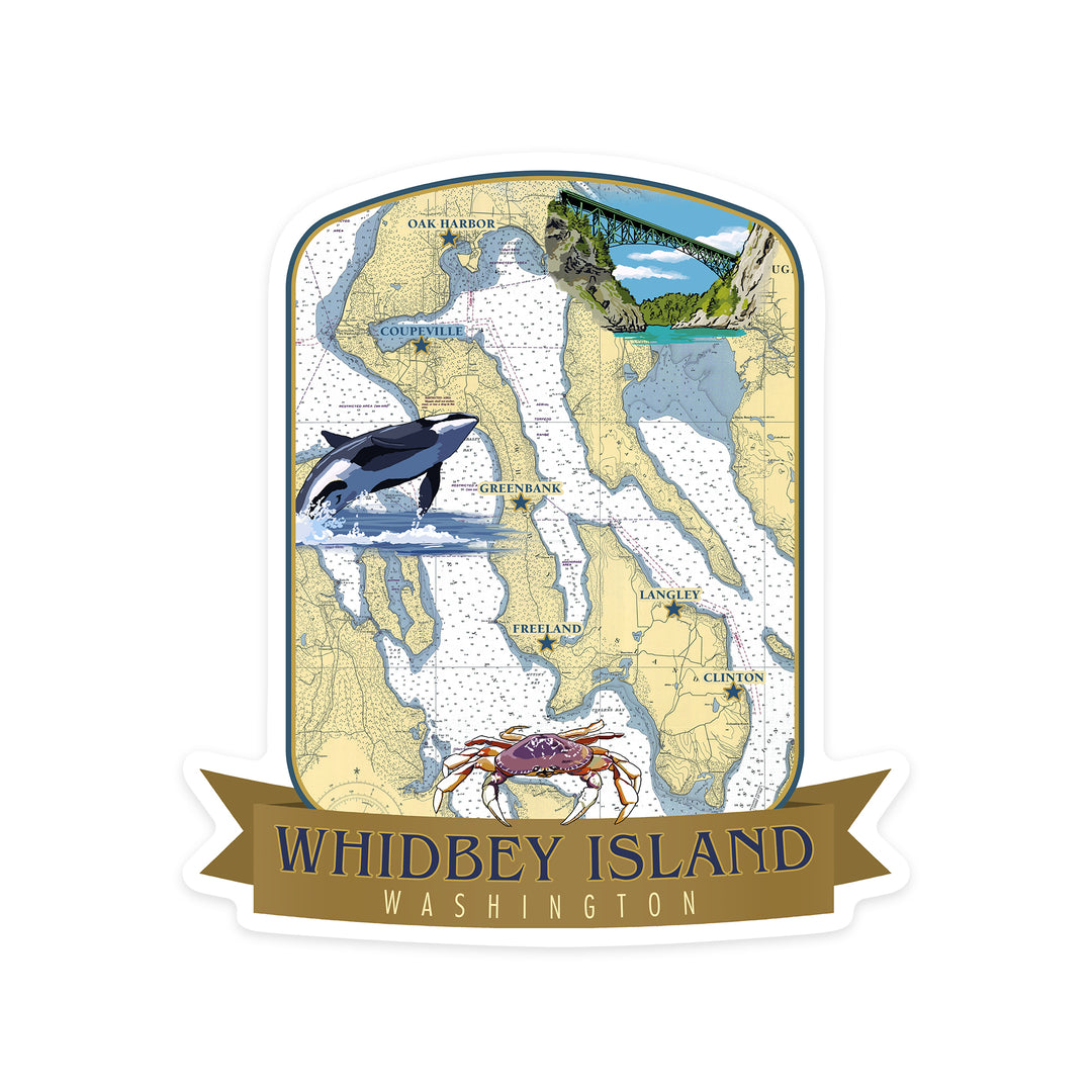 Whidbey Island, Washington, Nautical Chart, Contour, Vinyl Sticker