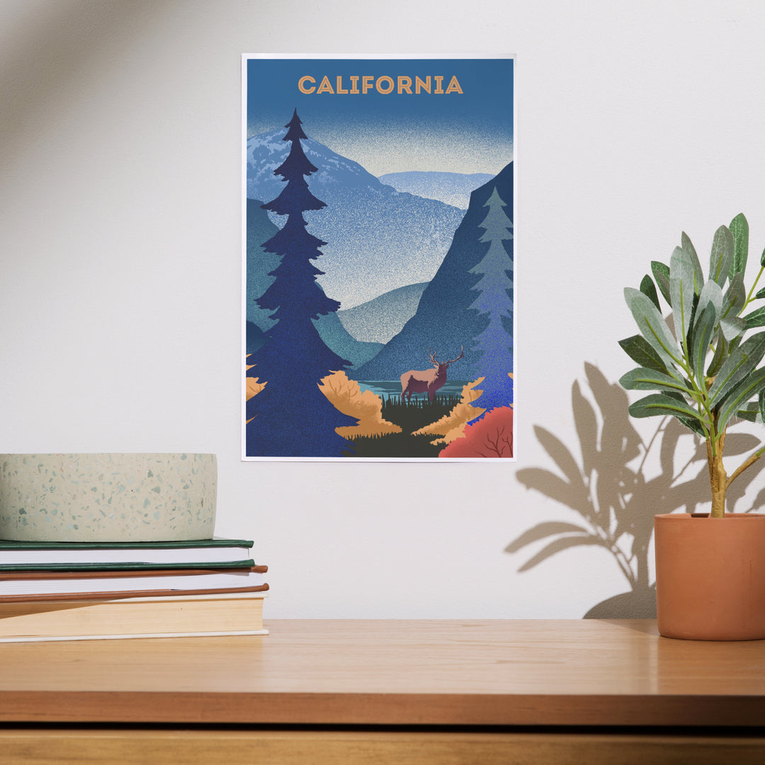 California, Lithograph, Elk and Mountains Scene, Art & Giclee Prints