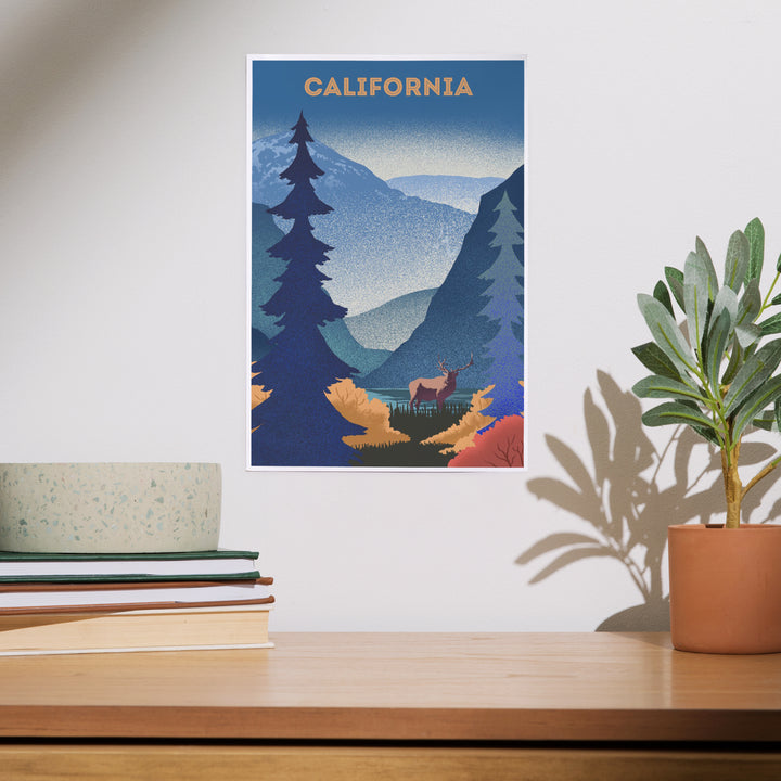 California, Lithograph, Elk and Mountains Scene, Art & Giclee Prints