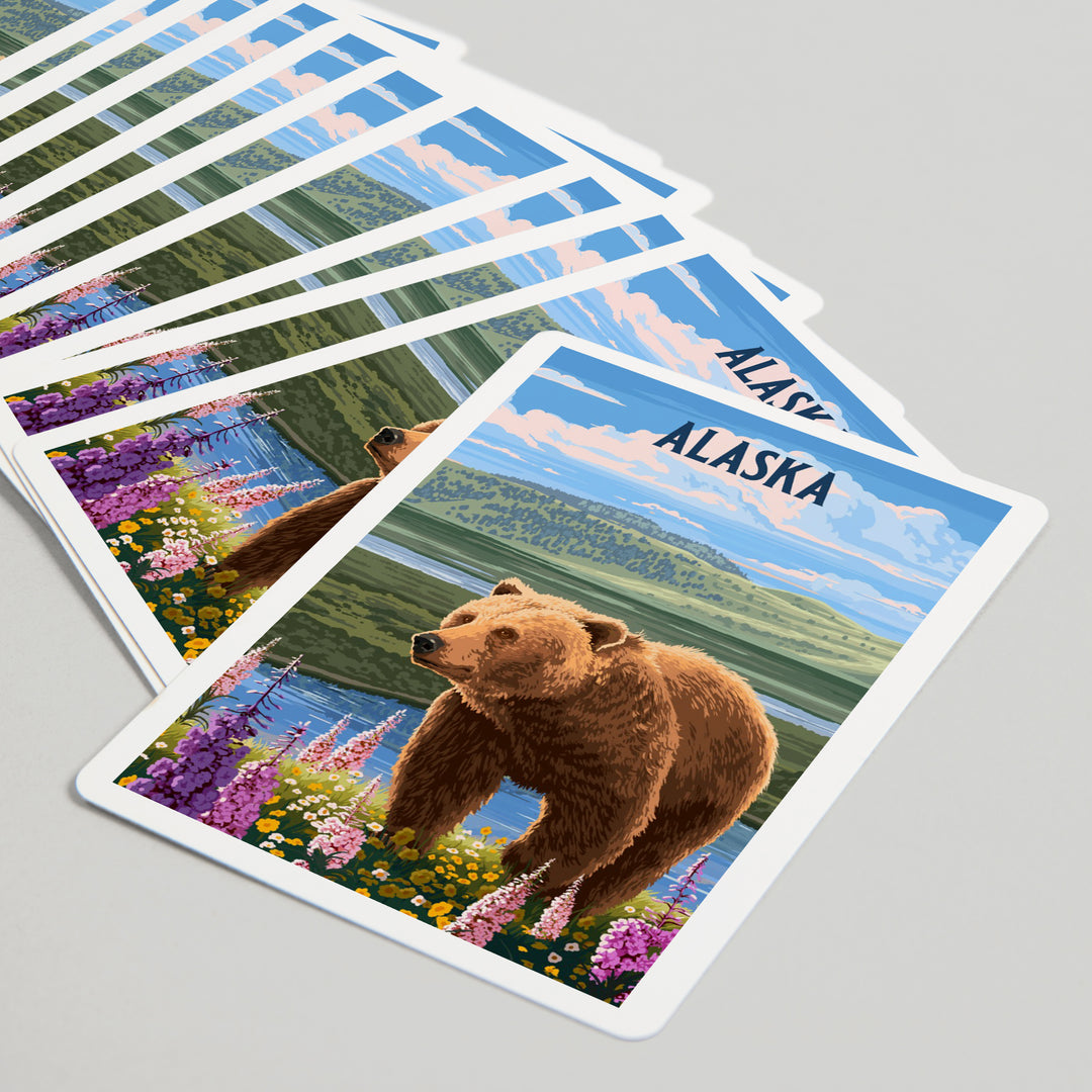 Playing Cards, Alaska, Painterly, Grizzly Bear in Meadow, 52 Card Deck with Jokers in Box, Unique Art