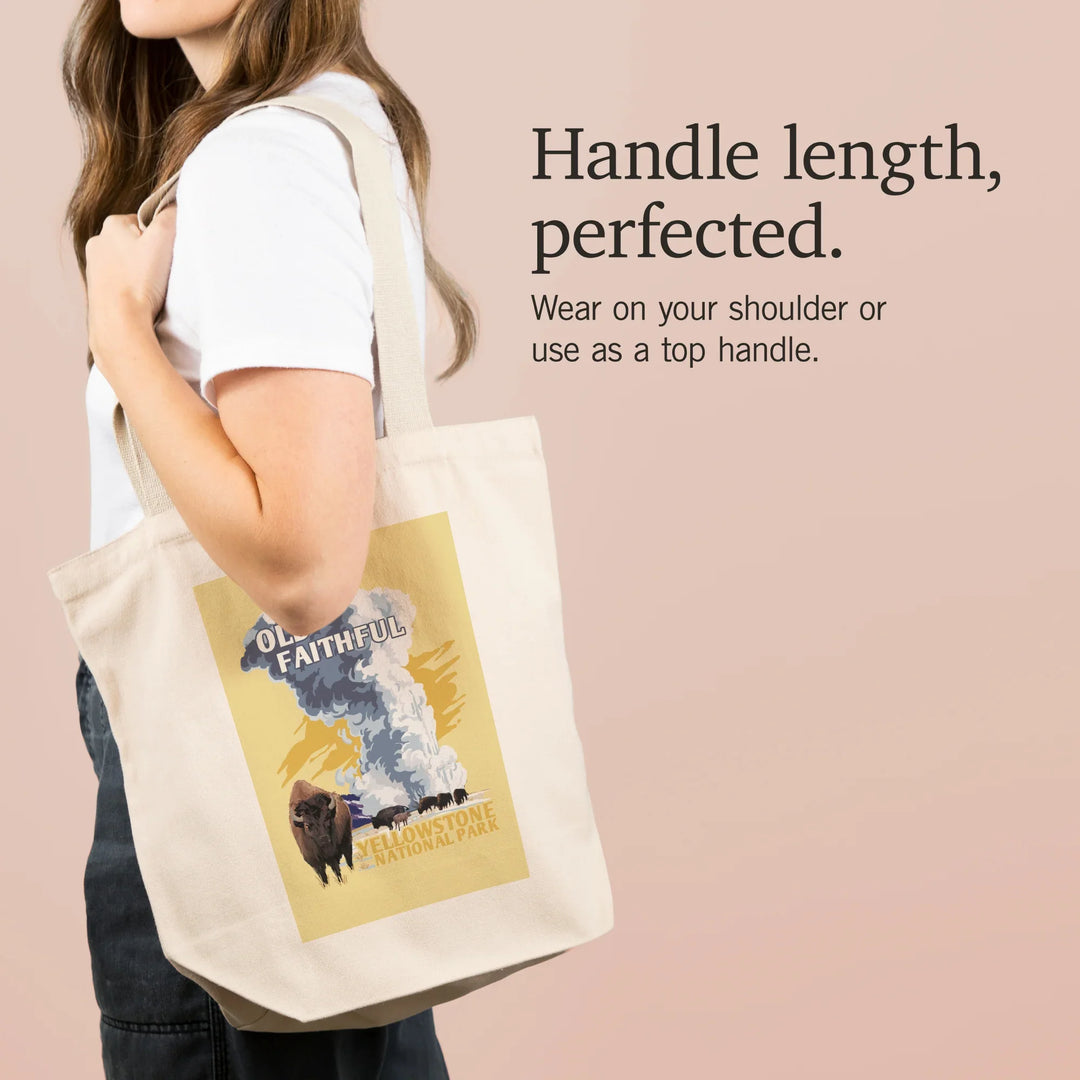 Yellowstone National Park, Wyoming, Old Faithful Geyser, WPA Style,, Tote Bag