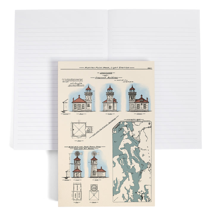Lined 6x9 Journal, Mukilteo Lighthouse, Washington, Technical Drawing, Lay Flat, 193 Pages, FSC paper