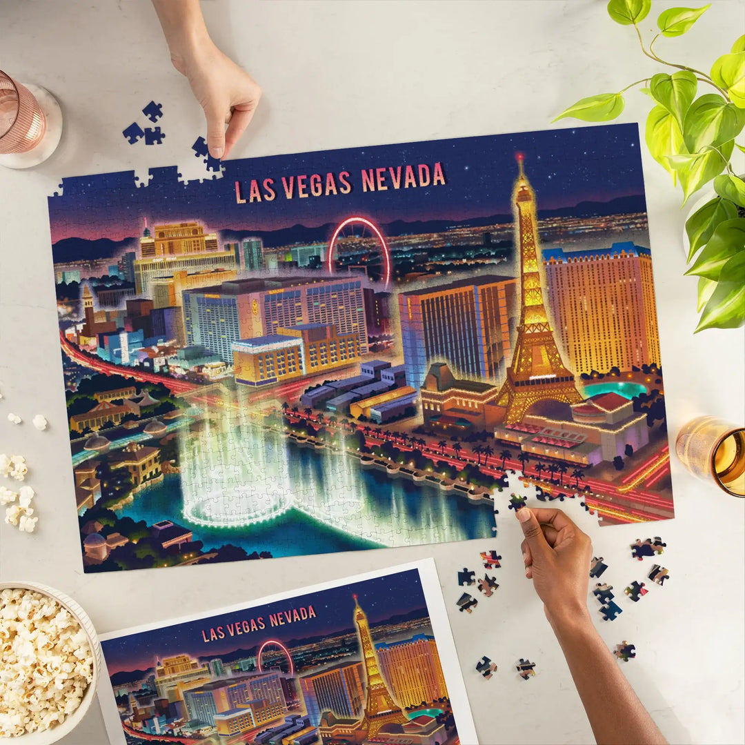 Las Vegas, Nevada, Lithograph, Vegas Strip at Night, Jigsaw Puzzle