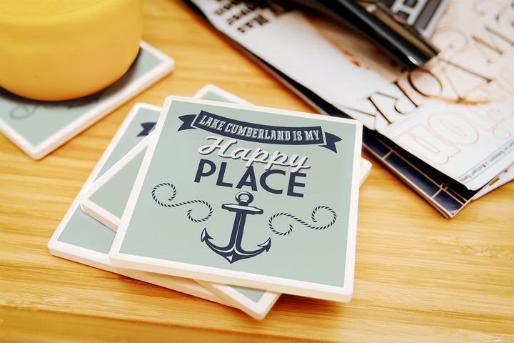 Lake Cumberland, Kentucky is my Happy Place, Anchor Design (blue on green) Press, Coaster Set