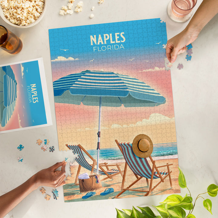 Naples, Florida, Lithograph, Beach Umbrella and Chair, 1000 Piece Jigsaw Puzzle