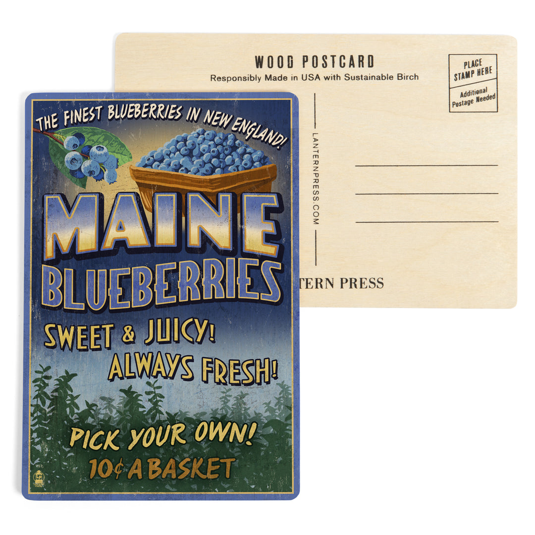 Maine, Blueberries Vintage Sign, Wood Sign and Postcards