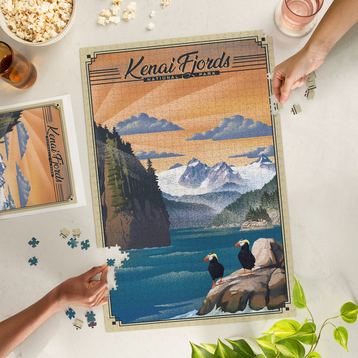 Kenai Fjords National Park, Alaska, Lithograph Park Series, Tufted Puffins, 1000 Piece Jigsaw Puzzle