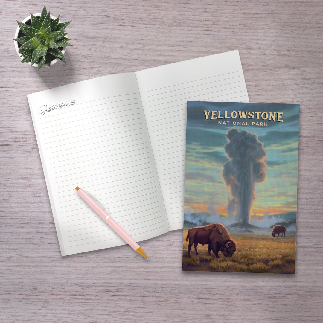 Lined 6x9 Journal, Yellowstone National Park, Wyoming, Oil Painting, Old Faithful Eruption, Lay Flat, 193 Pages, FSC paper