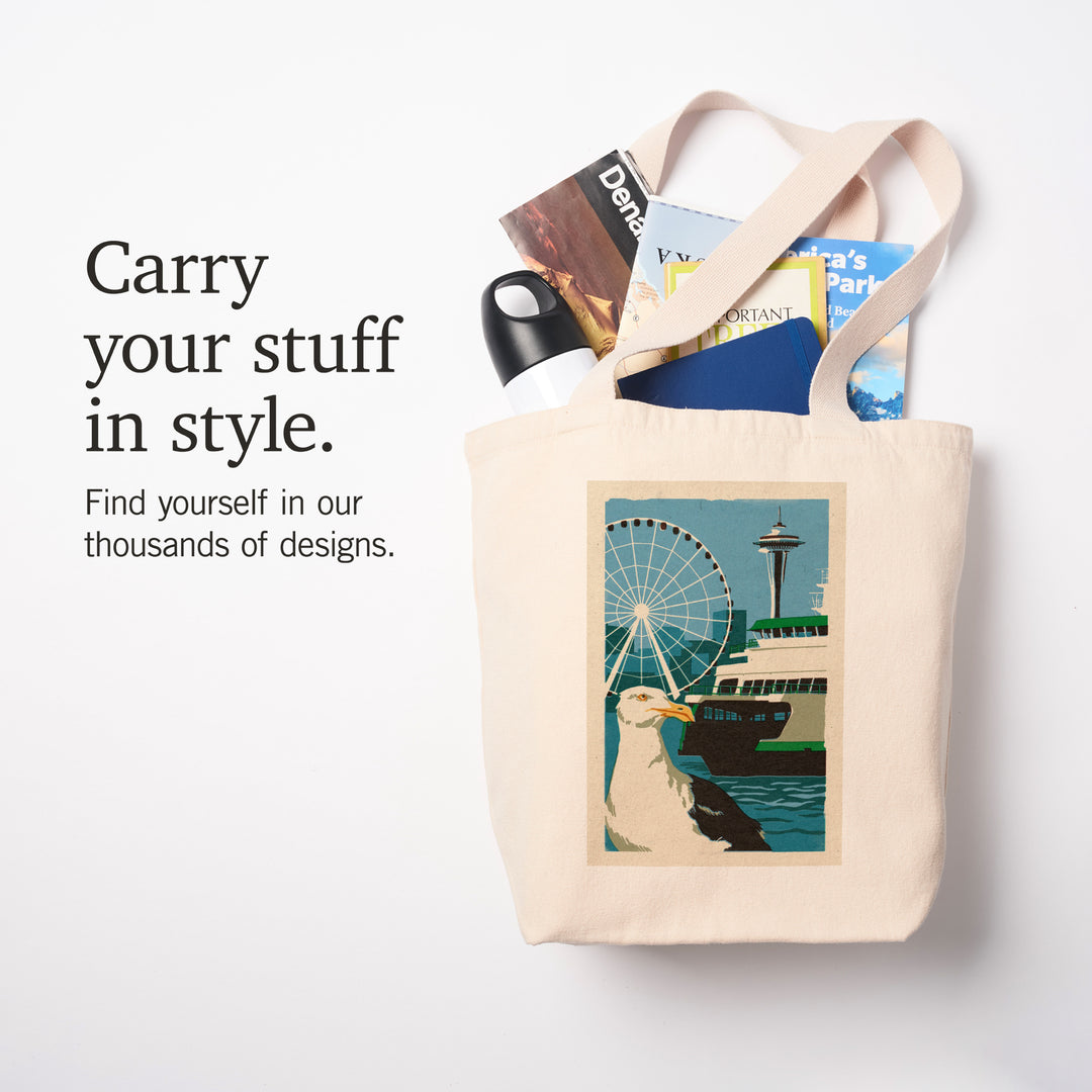 Seattle, Washington, Woodblock City Series, Waterfront, Tote Bag