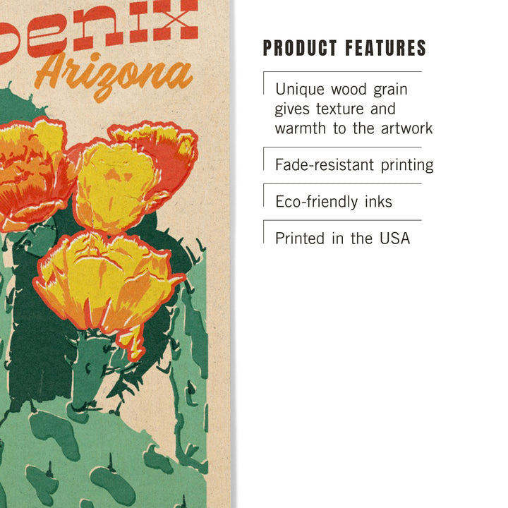 Phoenix, Arizona, Woodblock City Series, Cactus, Wood Sign and Postcards