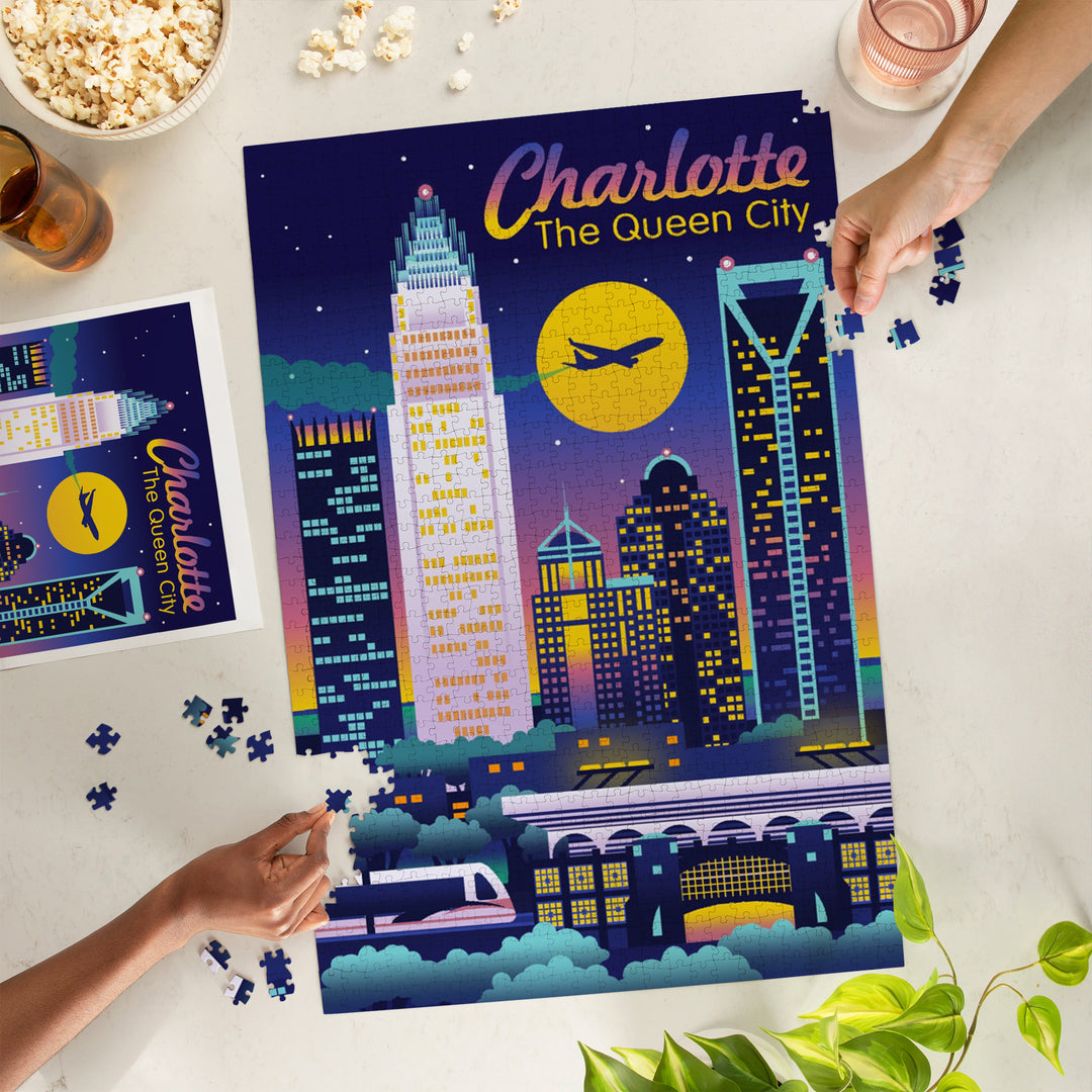 Charlotte, North Carolina, Retro Skyline Chromatic Series, 1000 Piece Jigsaw Puzzle