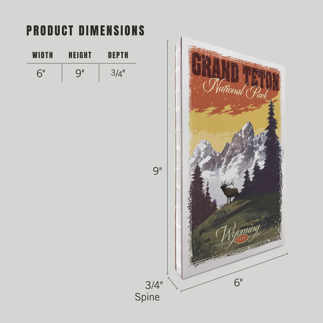 Lined 6x9 Journal, Grand Teton National Park, Wyoming, Mountain View and Elk, Distressed, Lay Flat, 193 Pages, FSC paper