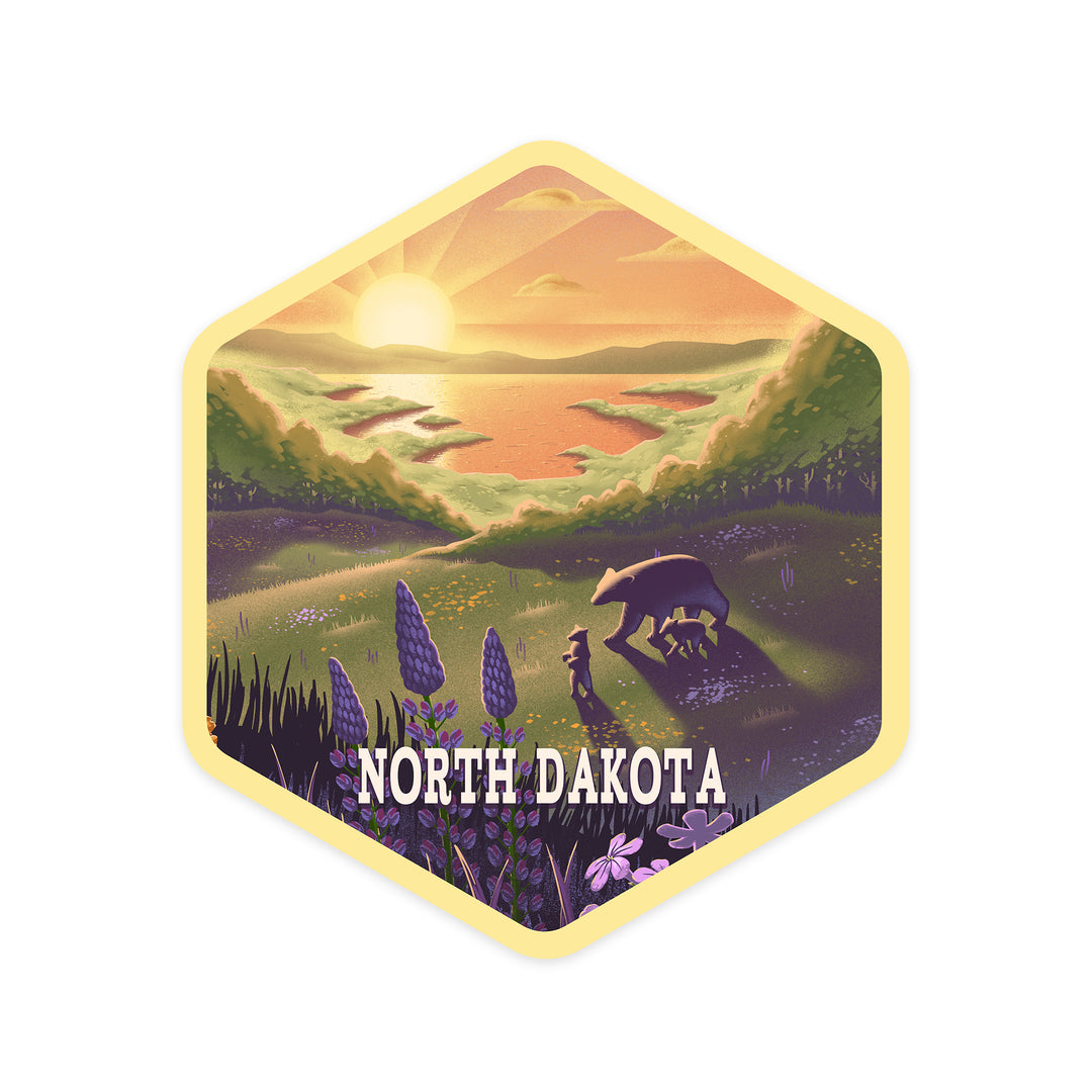 North Dakota, Bear and Spring Flowers, Lithograph, Contour, Vinyl Sticker