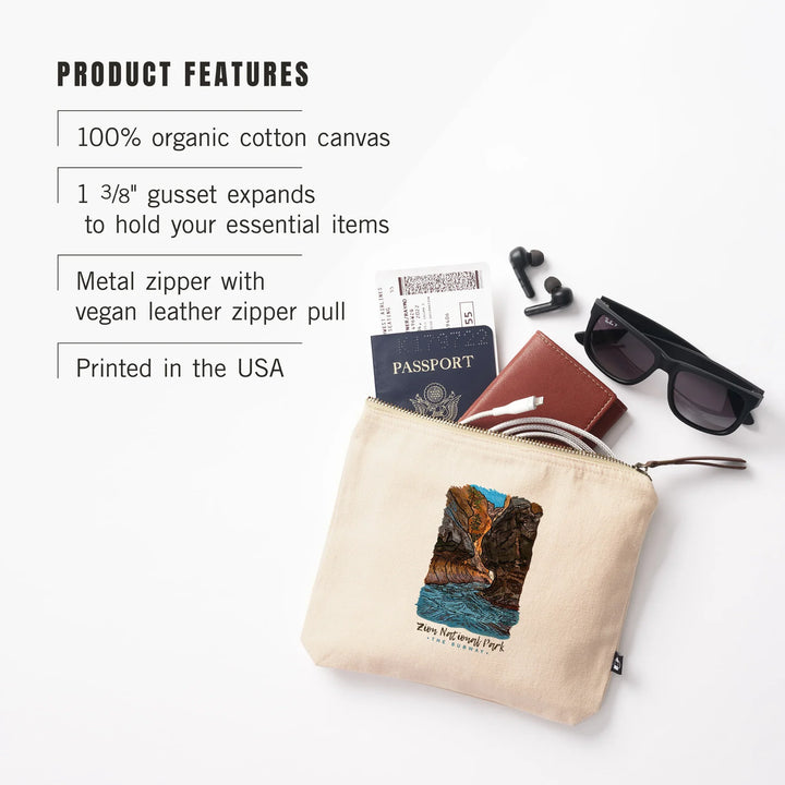 Zion National Park, Utah, Line Drawing, The Subway, Organic Cotton Zipper Pouch, Go Bag
