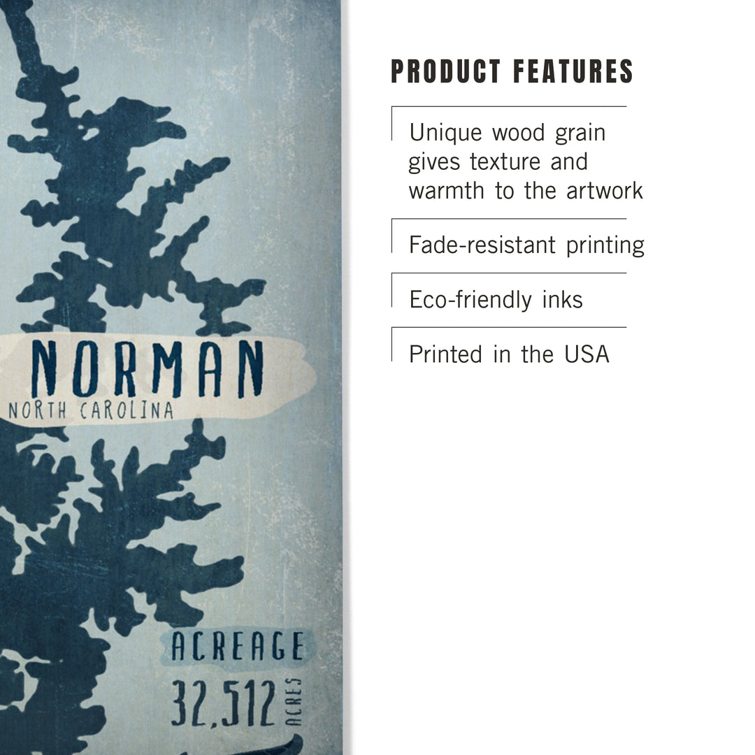 Lake Norman, North Carolina, Lake Essentials, Shape, Acreage & County, Lantern Press Artwork, Wood Signs and Postcards