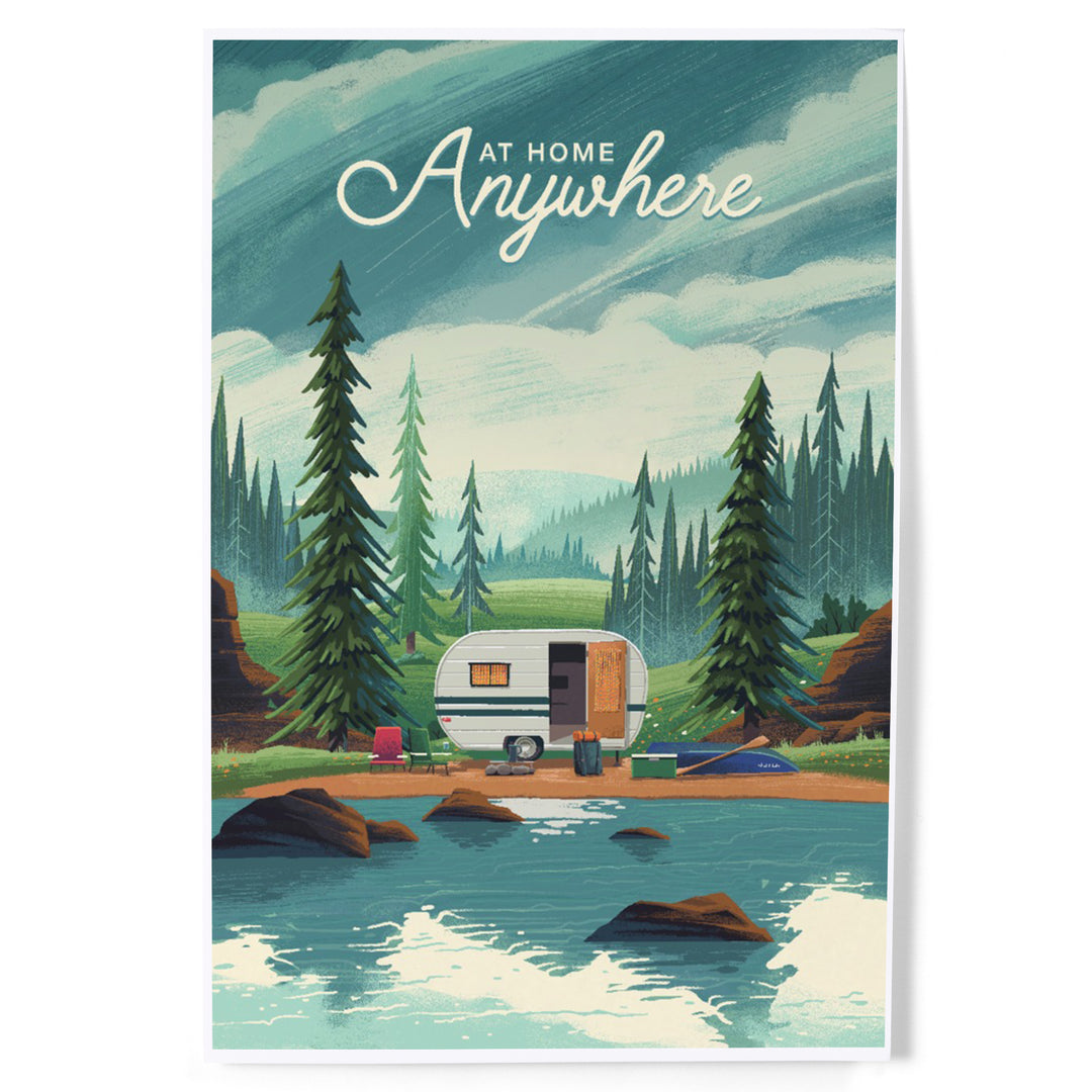 Outdoor Activity, At Home Anywhere, Camper in Evergreens art prints, metal signs