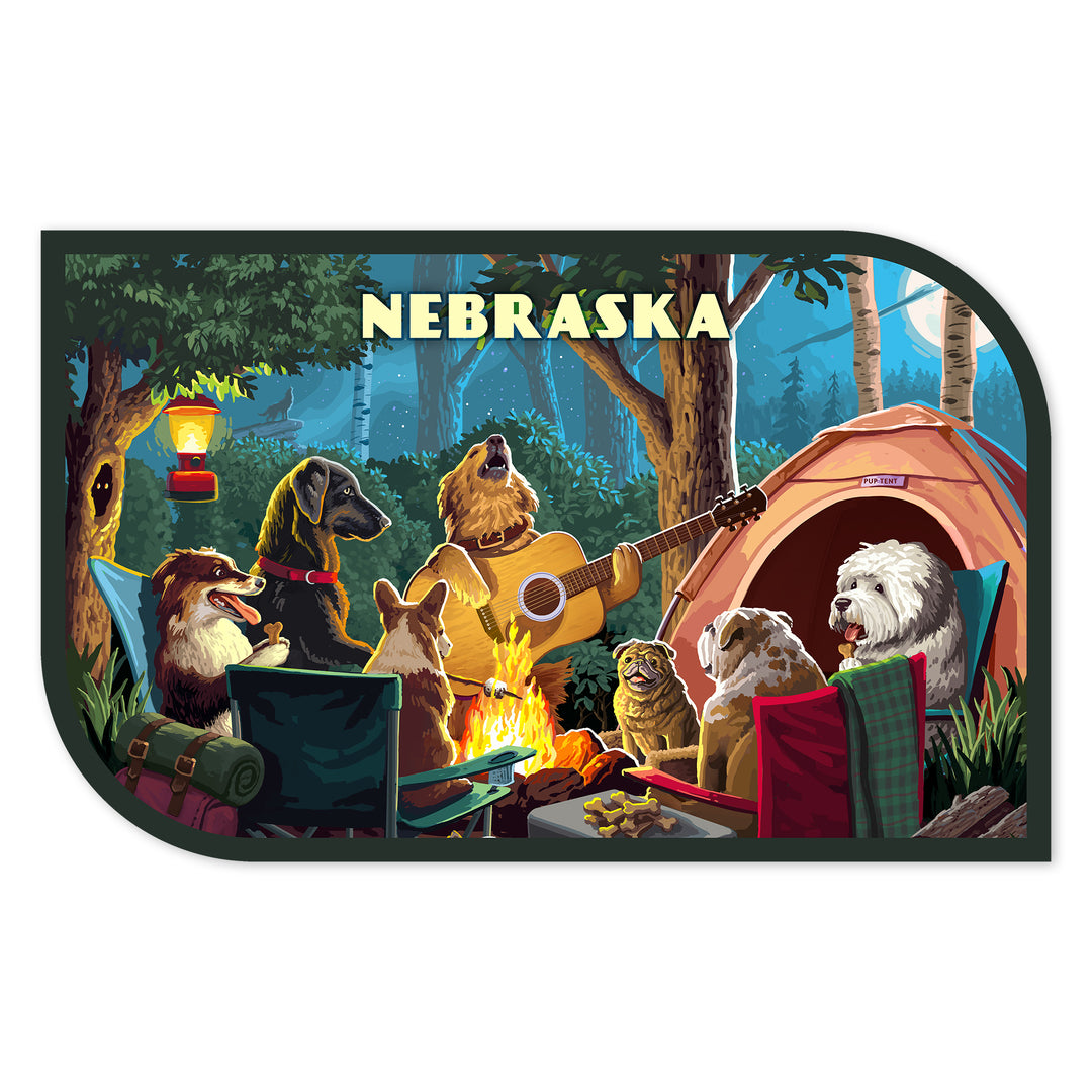 Nebraska, Painterly, Pack Life, Dogs Around Campfire, Vinyl Sticker