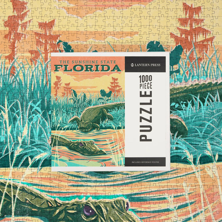 Florida, Alligator Vintage Print Press, The Sunshine State, 1000 Piece Jigsaw Puzzle