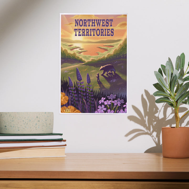 Northwest Territories, Lithograph, Bear and Spring Flowers, Lake, Art & Giclee Prints