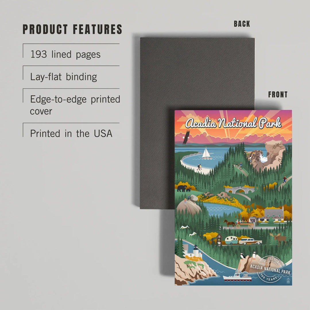 Lined 6x9 Journal, Acadia National Park, Maine, Retro View, Centennial Rubber Stamp, Lay Flat, 193 Pages, FSC paper