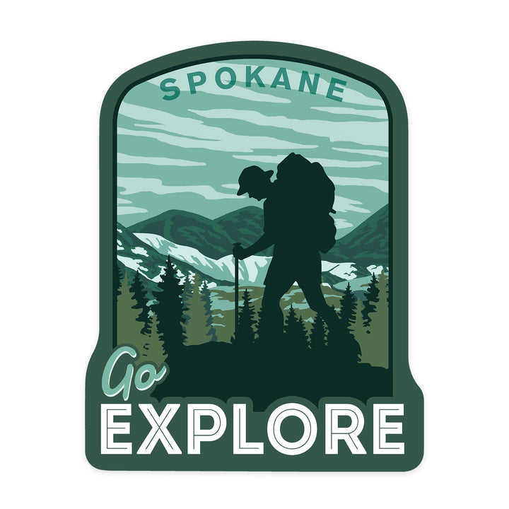 Spokane, Washington, Go Explore, Hiker, Contour, Lantern Press Artwork, Vinyl Sticker